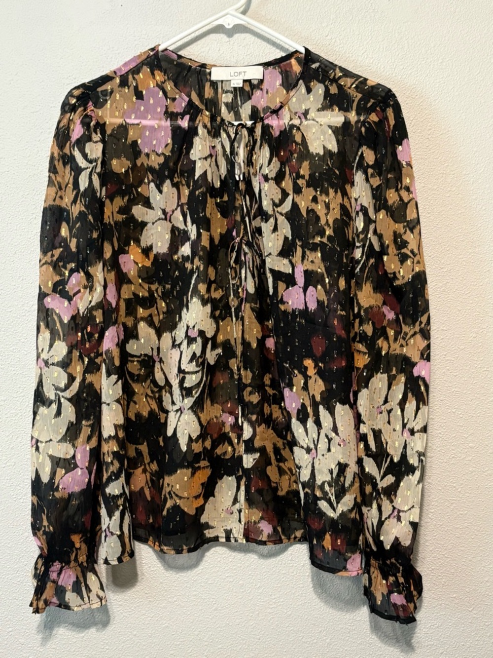 LOFT Black Floral Tie-Neck Blouse with Pink & Cream Accents NWT